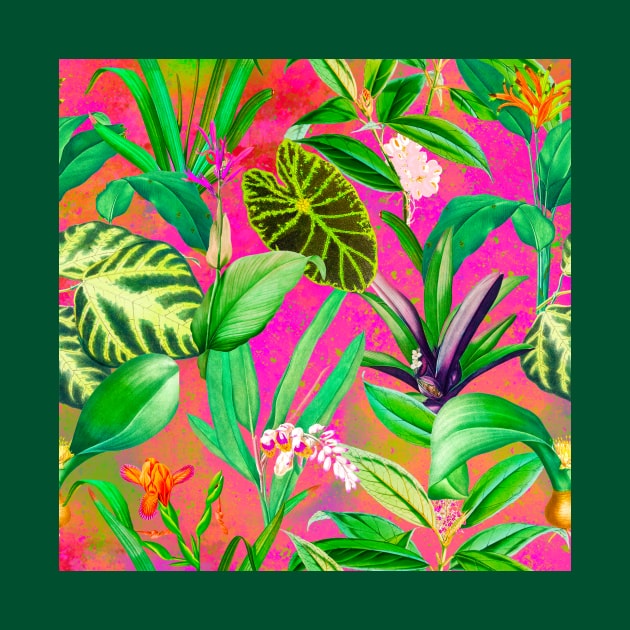 Stylish Tropical floral leaves and foliage botanical illustration, botanical pattern, tropical plants, pink orange leaves pattern over a by Zeinab taha