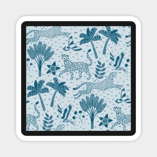 cheetahs and parrots in the jungle | blue monochrome | repeat pattern Magnet