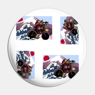 Japanese Samurai Cycling through Rushing Waves Pin