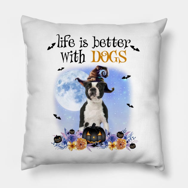 Boston Terrier Witch Hat Life Is Better With Dogs Halloween Pillow by cyberpunk art
