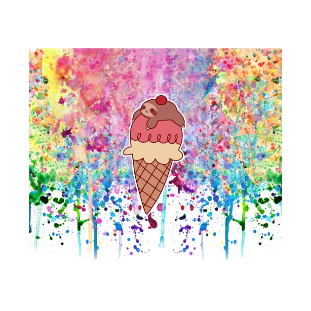 Icecream Cone Sloth Watercolor Paint Drip by saradaboru