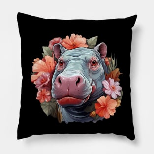 Hippopotamus colorful floral Illustration Pillow