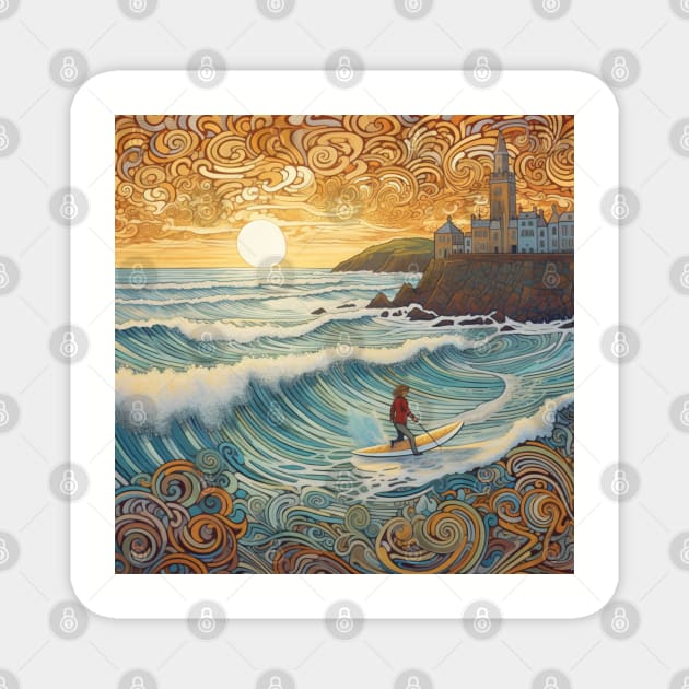Lone Surfer At Fistral Beach Folk Art Magnet by EpicFoxArt