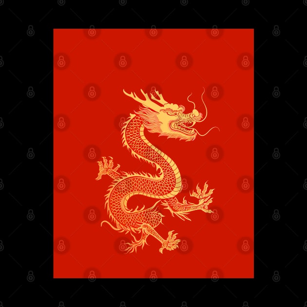 Chinese Golden Dragon on a Lucky Red Background: Chinese New Year, Year of the Dragon on a Dark Background by Puff Sumo