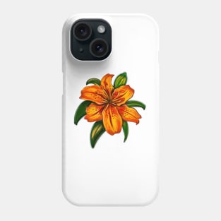 Lily Lilly flower painting  - single yellow orange tiger  tiger lily with green leaves Phone Case