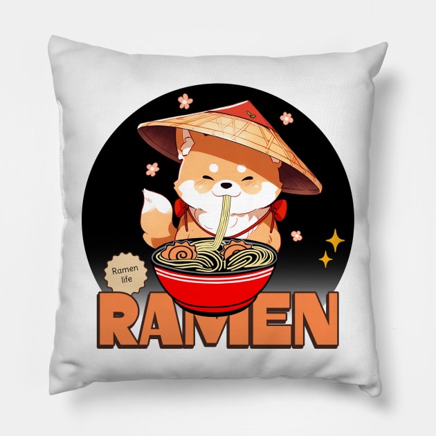 Ramen Lovers Kawaii Dog Eating Ramen Noodles Pillow by SartorisArt1