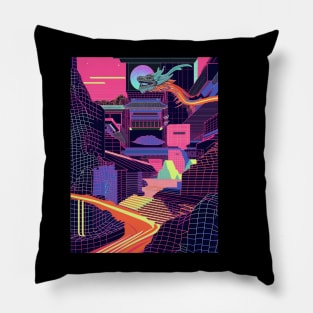 neon valley flight of the digital dragon Pillow