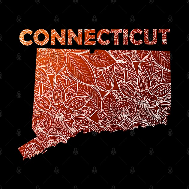 Colorful mandala art map of Connecticut with text in brown and orange by Happy Citizen