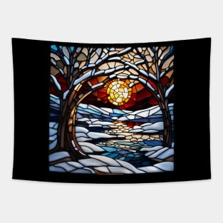 Stained Glass Snowy Winter Scene Tapestry