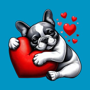 Frenchie Hugging a Heart Shapped Pillow T-Shirt