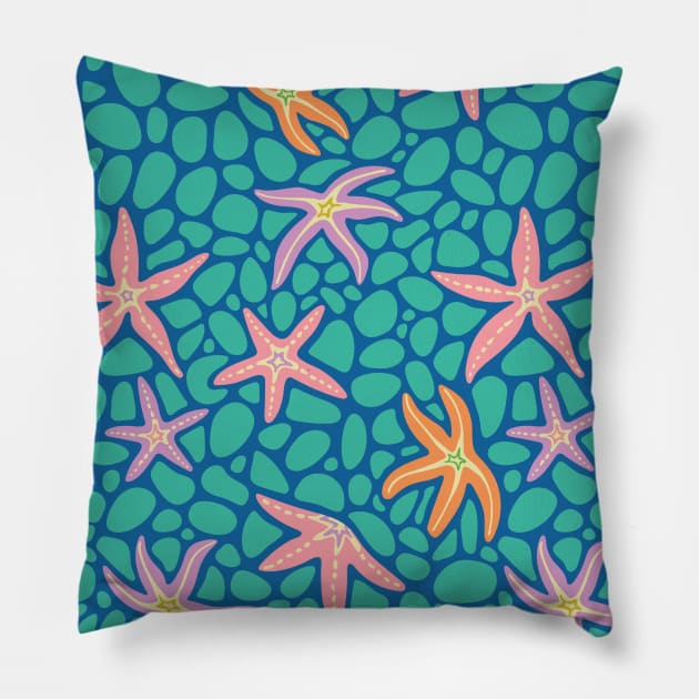 SEA STARS Coastal Ocean Starfish with Pebbles in Summer Pink Purple Orange Turquoise - UnBlink Studio by Jackie Tahara Pillow by UnBlink Studio by Jackie Tahara