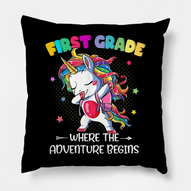 First Grade Where The Adventure Begins Student Teacher Pillow by Ene Alda