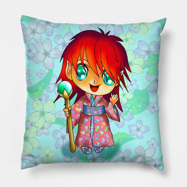 chibi elf sorcerer in red kimono for dnd and manga fans Pillow by cuisinecat