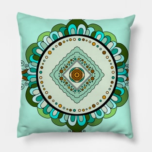 GREEN EXPANSION GARDEN MANDALA, TURQUOISE LEAFY MANDALA DESIGN, AQUA PETAL MANDALA Pillow