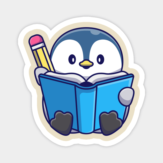 Cute Penguin Writing With Book And Pencil Cartoon Magnet by Catalyst Labs