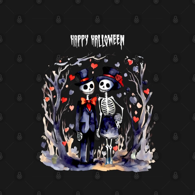 Happy Halloween: Halloween Skeletons in Love 2 on a Dark Background by Puff Sumo