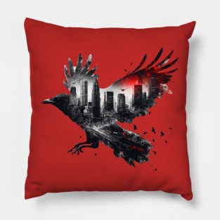 Crow and city double exposure Pillow