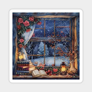 Fantasy winter starry night window Magnet