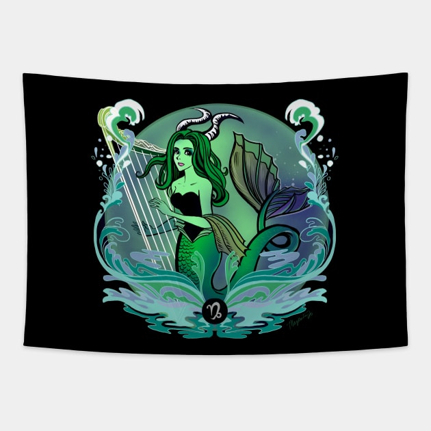 Capricorn Sea Goat Musical Mermaid Retro Design Tapestry by Magenta Arts