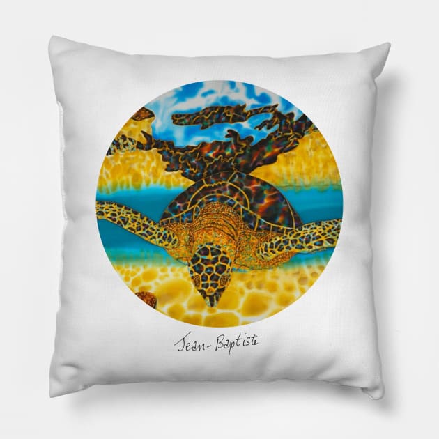 Caribbean unveiled on silk | Sea Turtle Gliding Pillow by Jean-Baptiste Silk Art