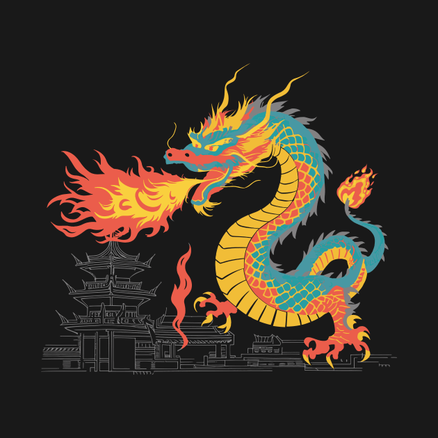 Colorful Chinese Dragon Unleashing Fire on Chinese City by ArtMichalS