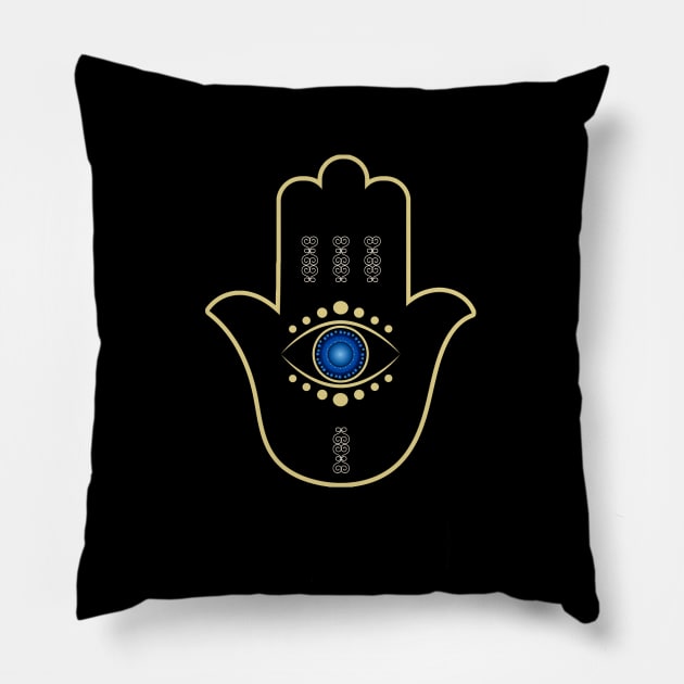 Blue Evil Eye Matiasma Talisman Hamsa Hand Pillow by dali
