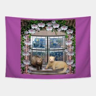 Ferrets Under the Flower Arch - Window Ferret art Tapestry