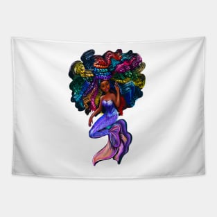 African American mermaid with flowing rainbow braids 2, brown eyes curly Afro hair and caramel brown skin Tapestry