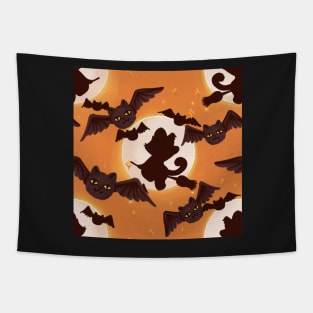 spooky halloween pattern with cat-bats orange Tapestry
