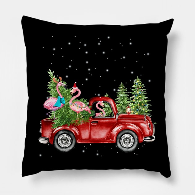 Christmas Three Flamingo Ride Red Truck Xmas Santa Hat Pillow by webster