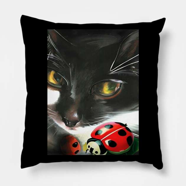 Cute Tuxedo Cat Nelson with Lady Bug Copyright TeAnne Pillow by TeAnne