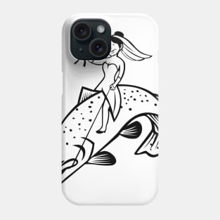 Bride Female Fisherman with Flower Bouquet Riding a Steelhead Trout Cartoon Black and White Phone Case