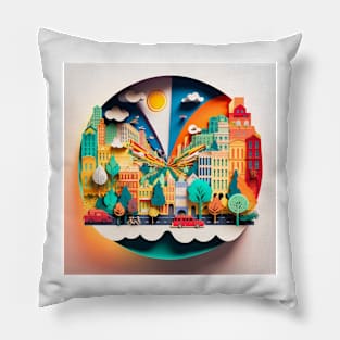 3D Effect Papercut Art - Cityscape Scene Pillow