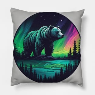 Brown Bear with Forest and Borealis, Colorful, Beautiful Pillow