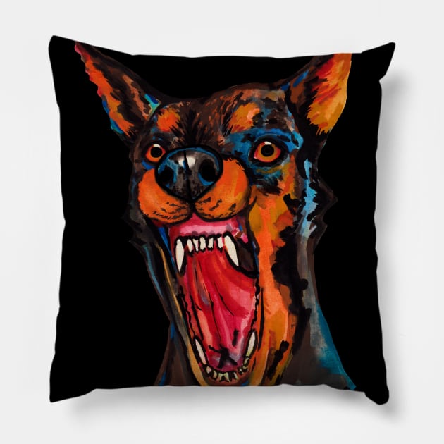 Angry watercolor doberman dog Pillow by deadblackpony