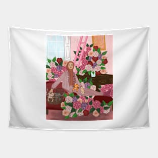 Flowers and kittens  in pink room Tapestry