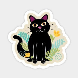 Black cat with ferns and flowers Magnet