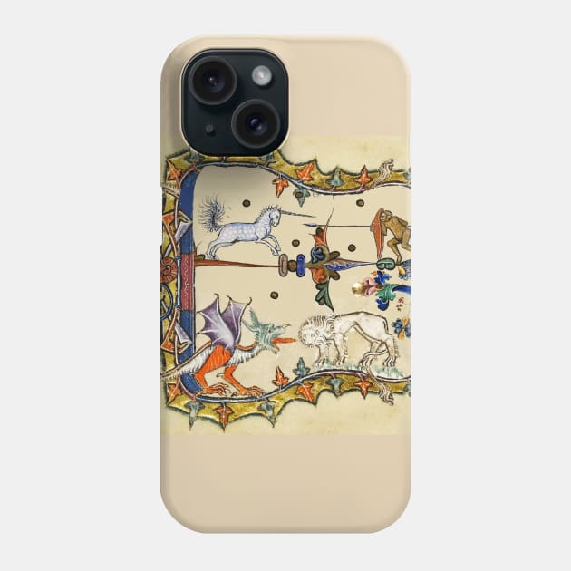 WEIRD MEDIEVAL BESTIARY ,UNICORN FIGHTING MONKEY ,DRAGON AND LION Phone Case by BulganLumini