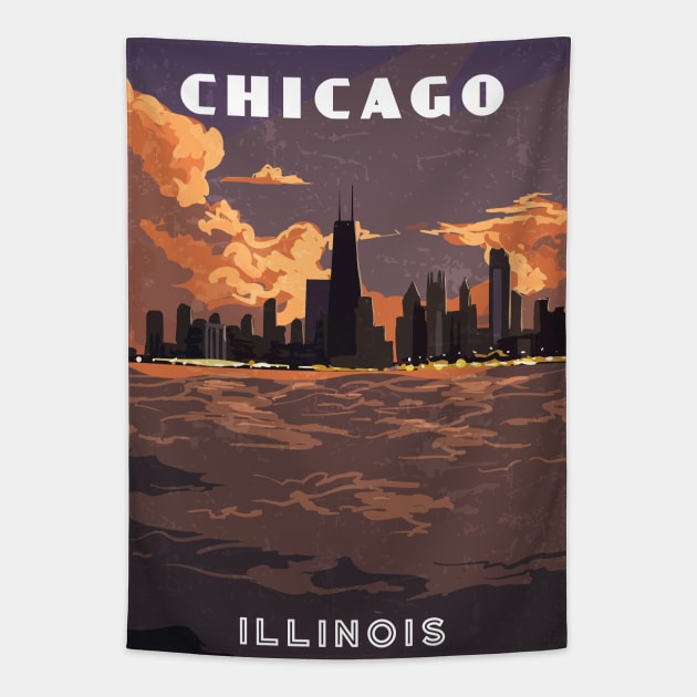 Chicago, Illinois, USA. Sunset.Retro travel poster Tapestry by GreekTavern