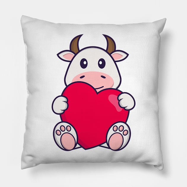 Cute cow holding a big red heart. Pillow by kolega