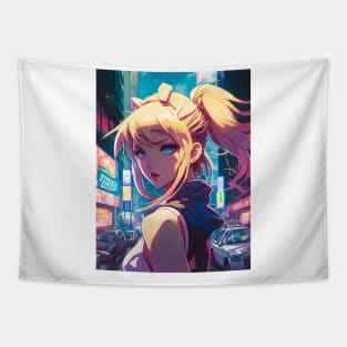 Anime Downtown Beauty: Blonde Girl Tapestry