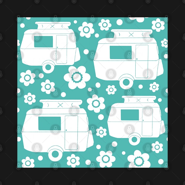 Daisy Polka Dot Vintage Caravan Pattern in Turquoise and White by NattyDesigns