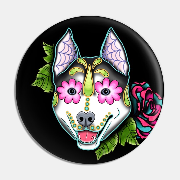 Husky - Malamute - Day of the Dead Sugar Skull Dog Pin by prettyinink