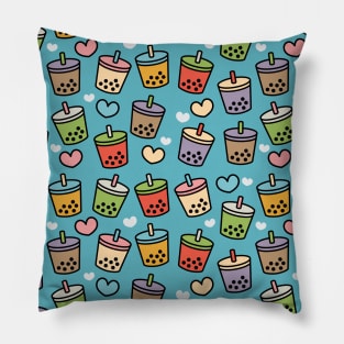 Cute Bubble Tea Flavors and Hearts Pattern Pillow