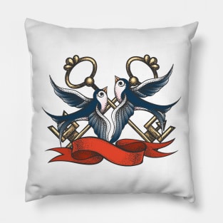 Swallows with Keys and Ribbon Pillow