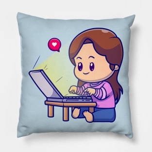 Cute Girl Working On Laptop Cartoon Pillow