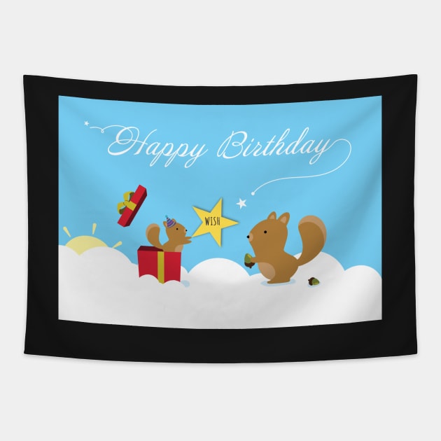 Happy Birthday Squirrels on the blue sky Tapestry by Anicue