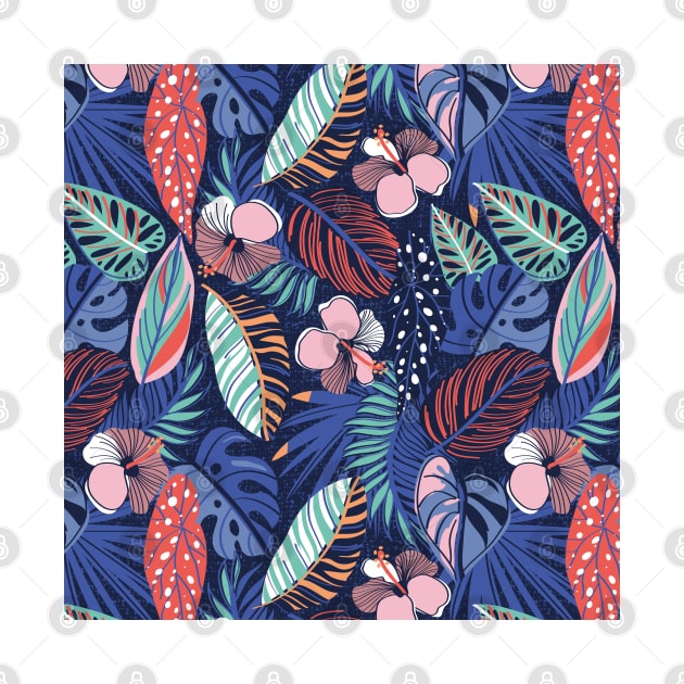 Moody tropical night // pattern // oxford blue background spearmint papaya orange denim and electric blue leaves coral cotton candy pink and dry rose hibiscus flowers by SelmaCardoso