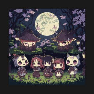 Cute Girl Cats in Japanese Traditional Horror Costume for Summer Night Party T-Shirt