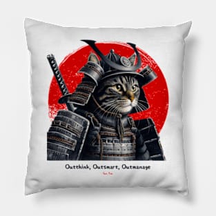 Warrior Cat Samurai Design with Sun Tzu Wisdom Pillow